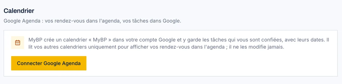 Le réglage Google Agenda dans le compte MyBP.