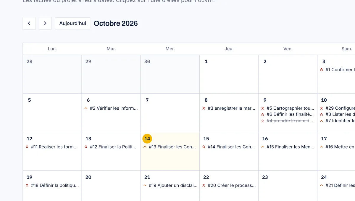 La vue calendrier du projet.